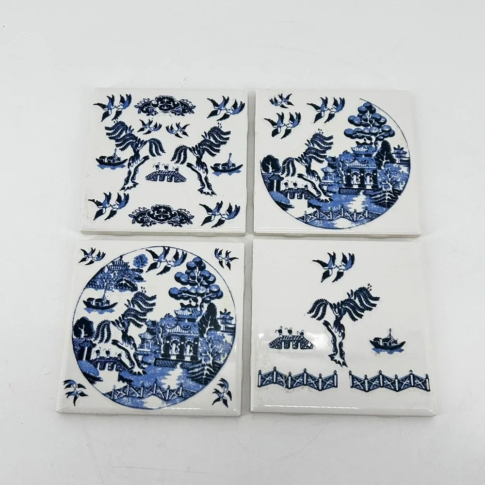 Vintage Blue Willow Ceramic Tiles Set of 4 Pagoda Scene Blue White 4.25 Inch